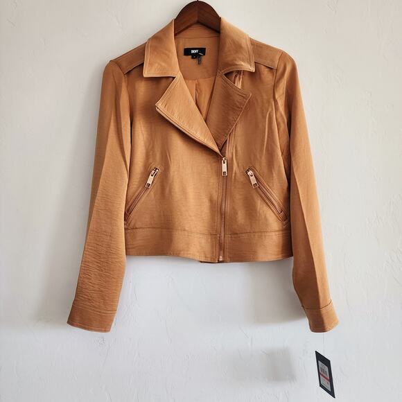DKNY Carmel Tan Brown Satin Effect Moto Jacket Rose Gold Hardware Size XS - Picture 2 of 8
